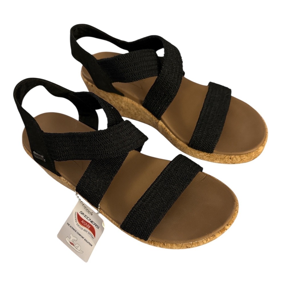 Skechers Black Elastic Strap Cork Wedge Sandals